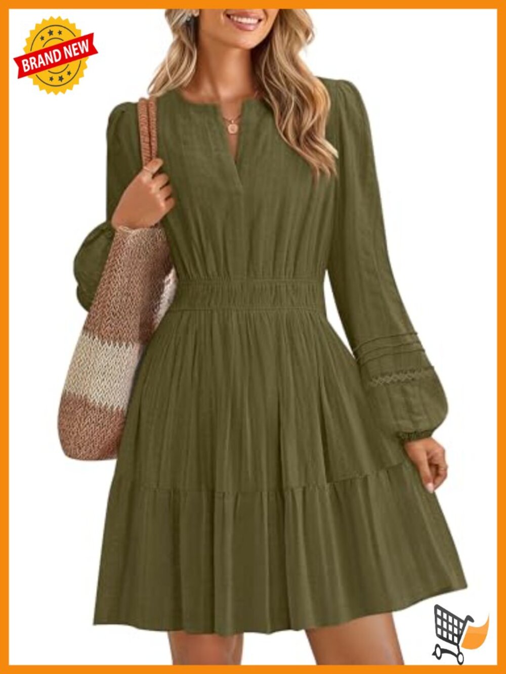 Long Sleeve V Neck Flowy Mini Dress 100% Cotton A-Line Tiered Ruffle